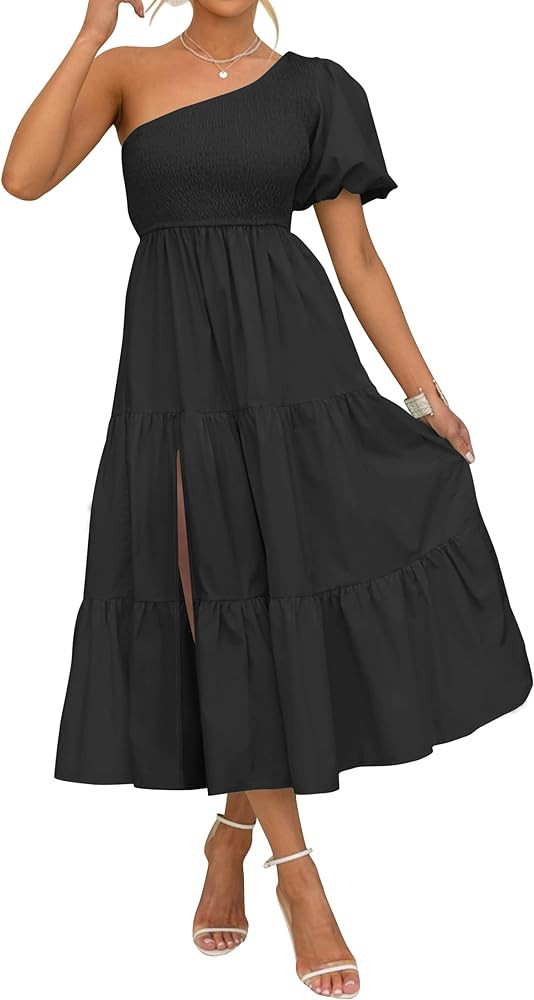ZESICA Women's 2024 Boho Summer One Shoulder Short Sleeve Smocked Side Split Ruffle Swing Midi Dr... | Amazon (US)