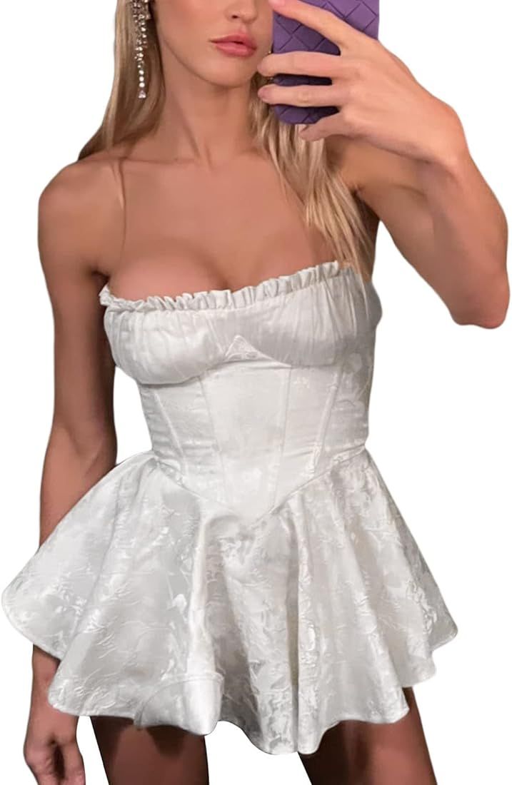 VILAGRAH Women Y2k Fairy Tube Mini Dress Off Shoulder Cute Strapless Backless Tunic Top Dress Ruf... | Amazon (US)