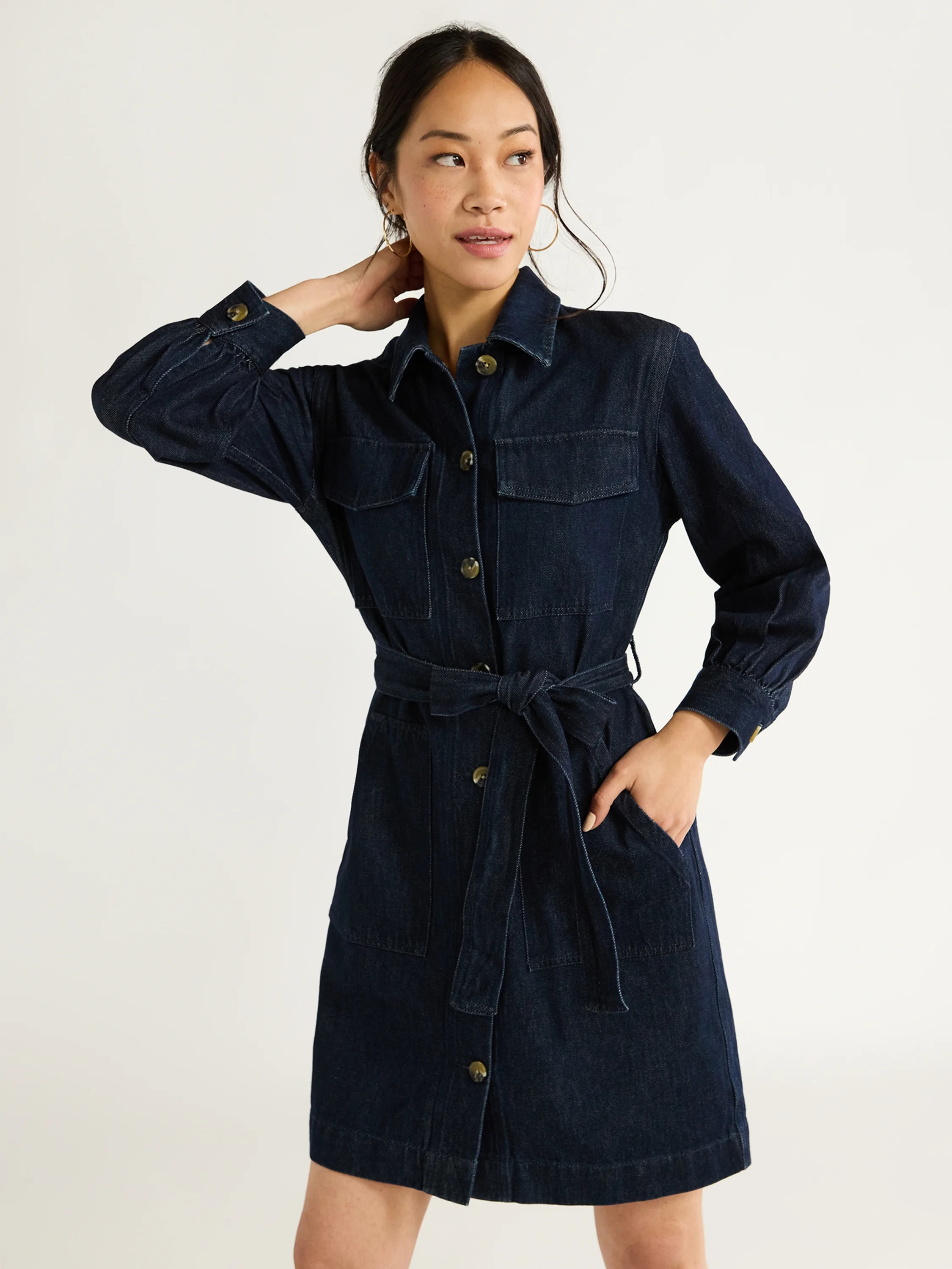 Free Assembly Women's Belted Denim Utility Mini Dress with Long Sleeves, Sizes XS-XXL | Walmart (US)