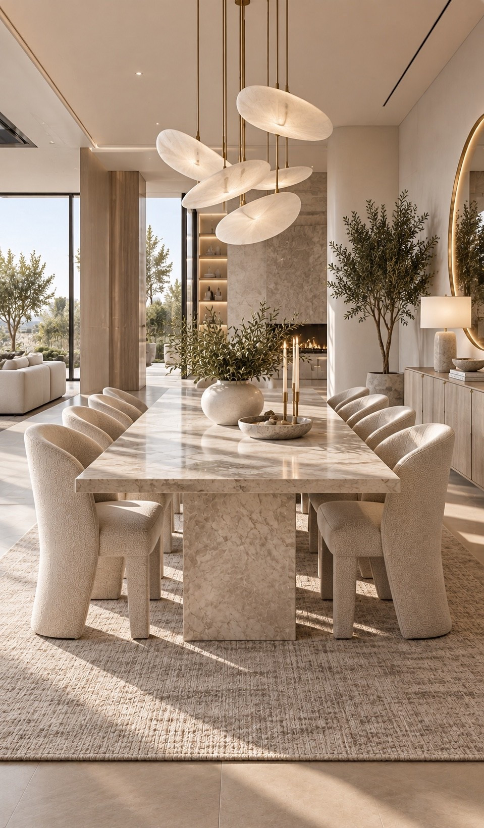 Shop This Room — link below. Create an elevated warm luxury dining room with a statement stone dining table, sculptural cream chairs, organic pendant lighting and soft neutral textures. Floor-to-ceiling windows, warm natural light, elegant greenery and layered beige tones give this space a sophisticated quiet-luxury look.

#DiningRoomInspo #ModernDiningRoom #LuxuryDiningRoom #DiningRoomDecor #DiningRoomIdeas #QuietLuxury #WarmModern #OrganicModern #NeutralHome #LuxuryInteriors #InteriorDesign #HomeDecor #ModernHome #LuxuryHome #DesignerHome #NeutralDecor #WarmMinimalism #InteriorInspo #HomeInspiration #LTKHome #LTKFinds #HomeFinds #LuxuryDecor #ModernInteriors #DreamHome