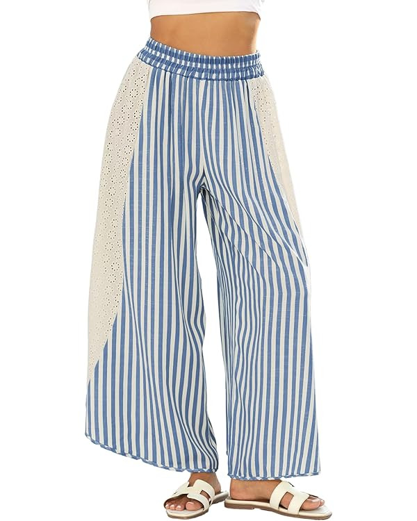 Athlisan Womens Summer Casual Loose Striped Wide Leg Lounge Pants Elastic Waist Palazzo Trousers | Amazon (US)