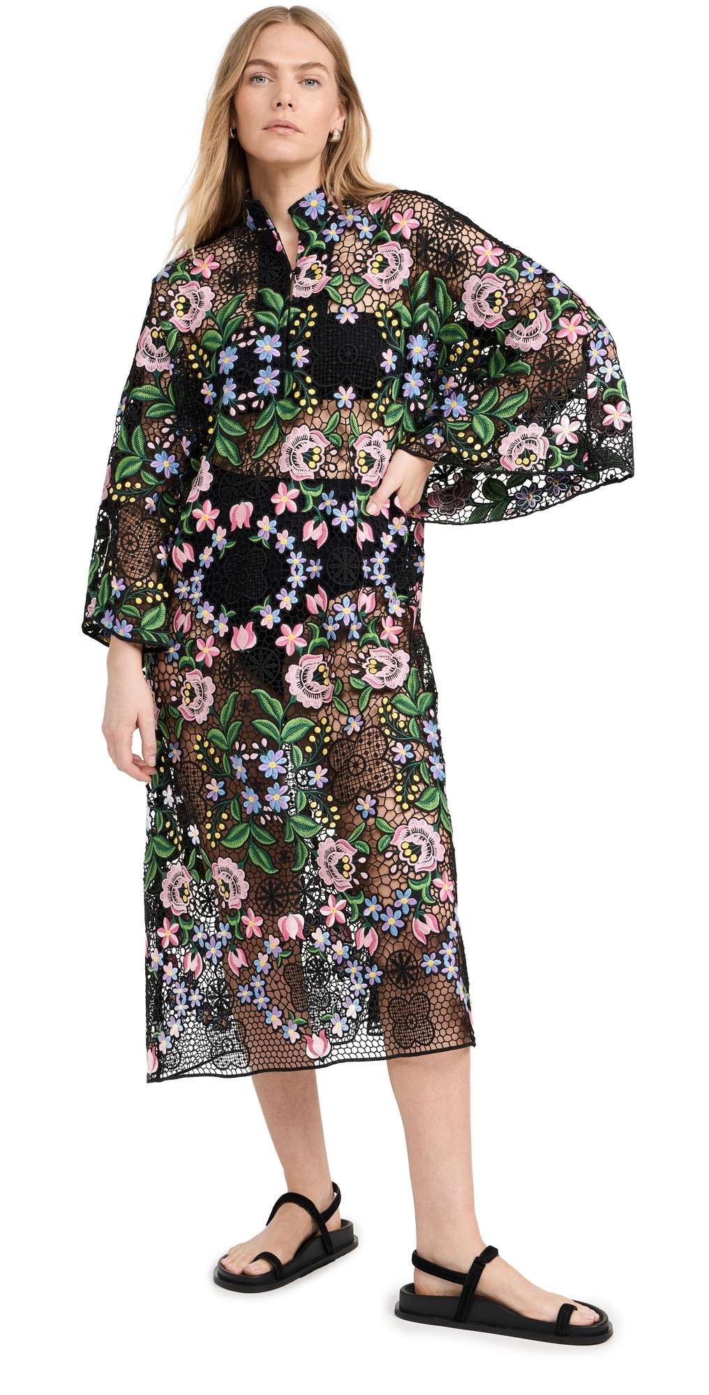 La Vie Style House Floral Embroidery on Black Net Maxi Caftan Multi Color One Size | Shopbop