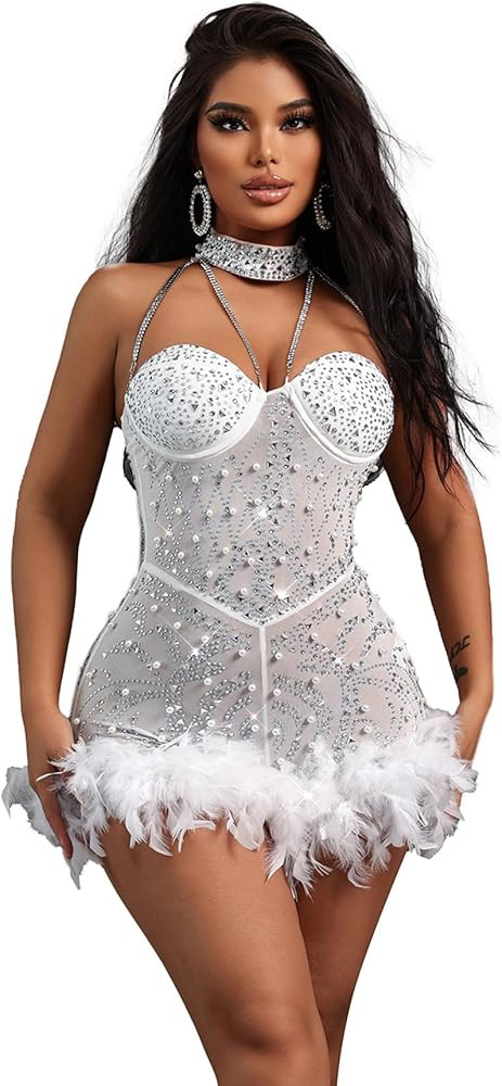 Sexy Feather Rhinestone Backless Mesh Sheer Burlesque Outfit Nightout Clubwear Birthday Party Dre... | Amazon (US)