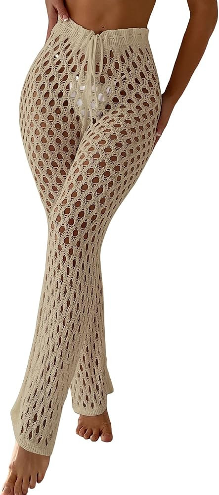OYOANGLE Women's Crochet Hollow Out Beach Pants Drawstring Waist Flared Leg Swimwear Cover Up Pan... | Amazon (US)