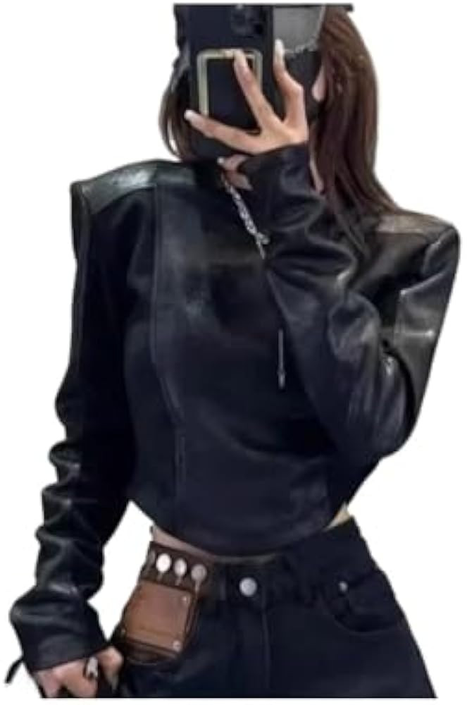 Y2K Patchwork PU Leather Long Sleeve Crop Top | Amazon (US)