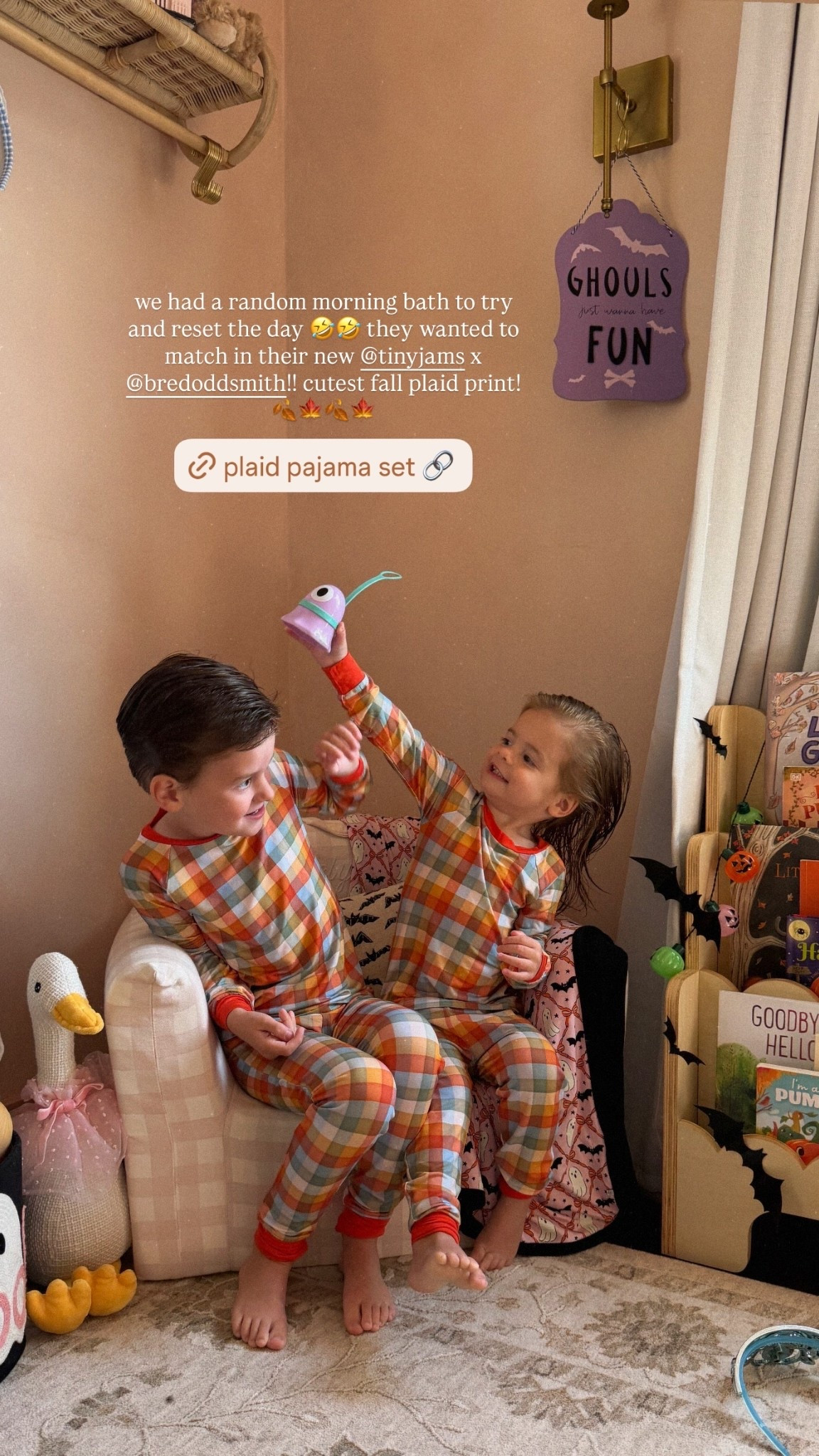 we had a random morning bath to try and reset the day 🤣🤣 they wanted to match in their new @tinyjams x @bredoddsmith!! cutest fall plaid print! 🍂🍁🍂🍁