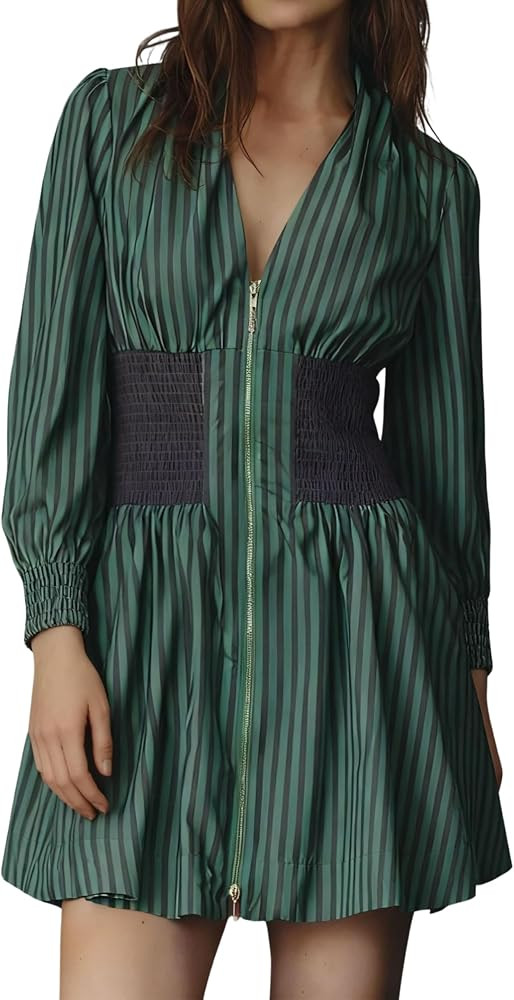 Womens Long Sleeve Mini Dress V Neck Smocked Zipper Dress Casual A Line Short Dress with Pockets | Amazon (US)