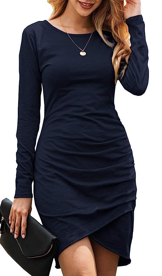 BTFBM Women Fashion Ruched Elegant Bodycon Long Sleeve Front Drawstring Solid Color Casual Basic ... | Amazon (US)