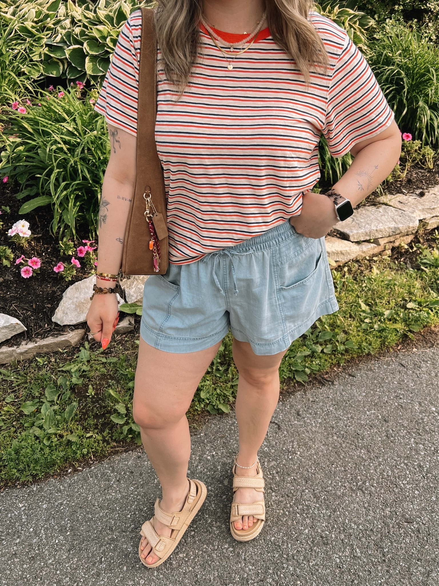 Comfy casual summer outfit! Wearing my usual size L in the shorts, sized up to XL in the striped tee for a looser fit. Linked similar platform sandals

#LTKsummer #LTKmidsize #LTKsale