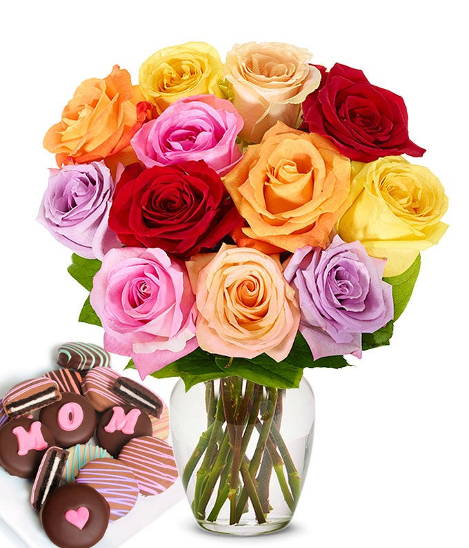 One Dozen Rainbow Roses with Mom Oreos | From You Flowers