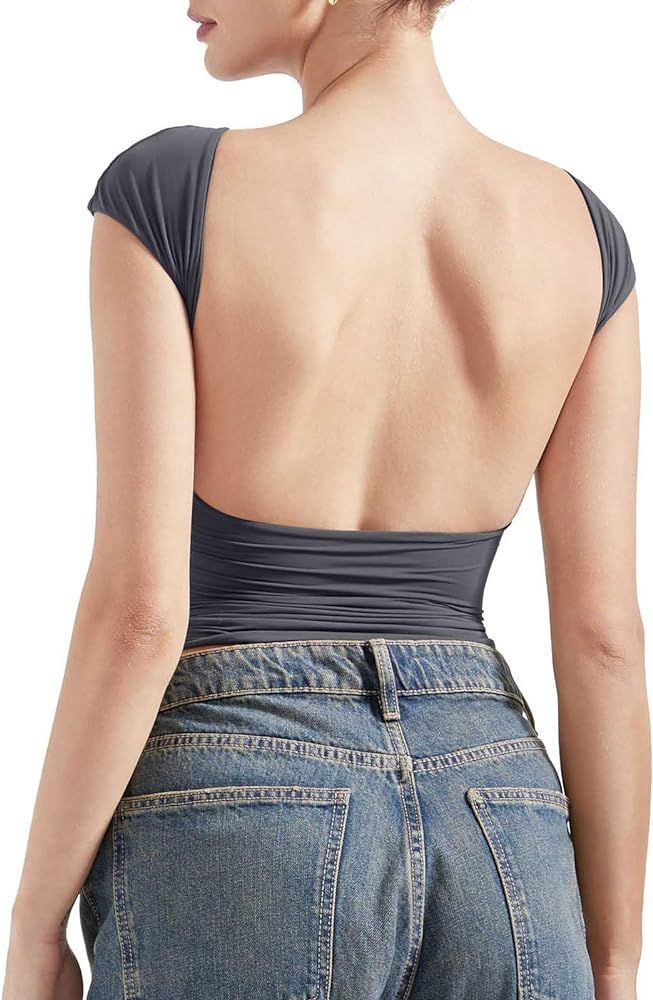 SUUKSESS Women Backless Sexy Going Out Tops Double Lined Open Back Y2k Basic Tee Shirts | Amazon (US)