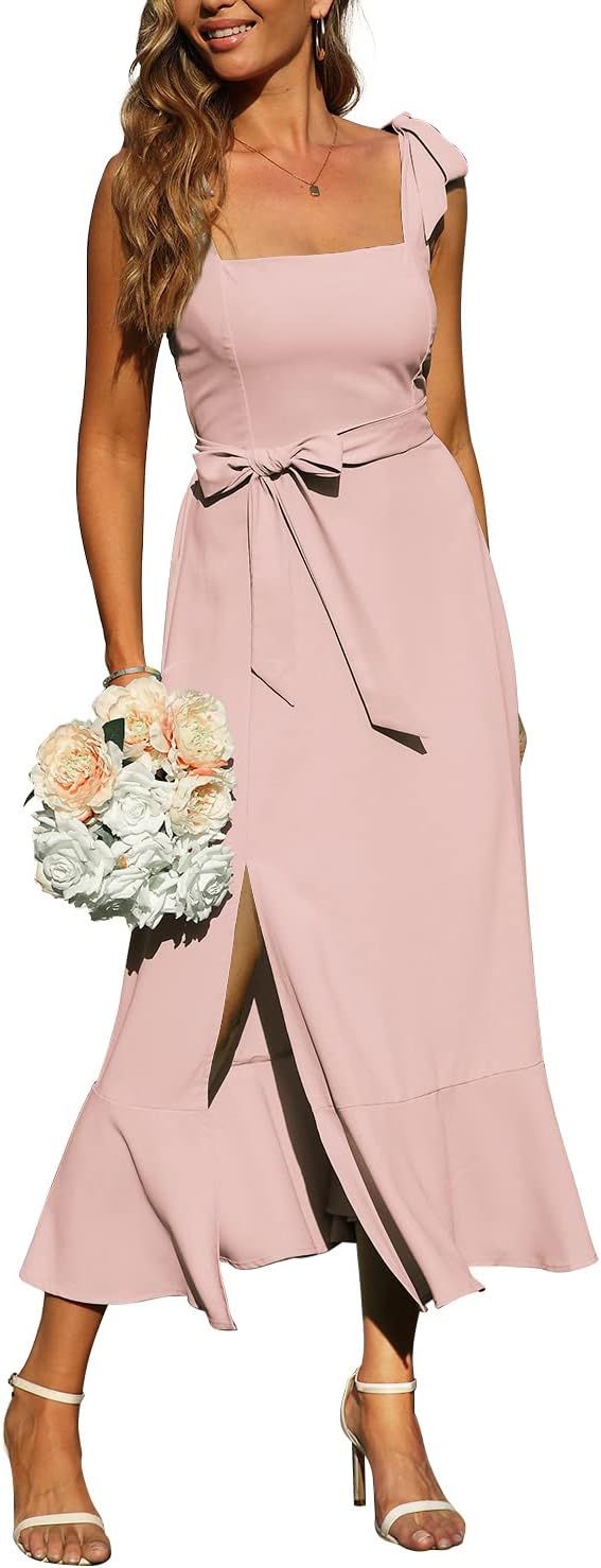 Women's Elegant Midi Dresses for Wedding Guest Square Neck Ruffle Split Formal Bridesmaid Dresses... | Amazon (US)