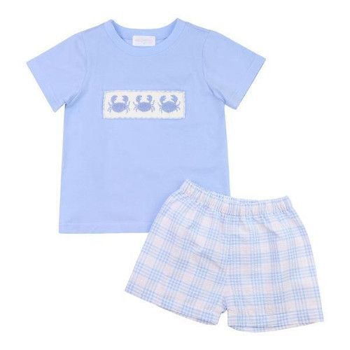 Blue And Pink Plaid Smocked Crabs Short Set | Cecil and Lou