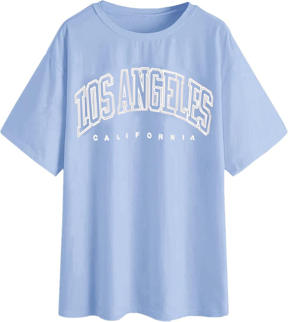 SAFRISIOR Women's Letter Graphic Print Oversize T Shirt Round Neck Drop Shoulder Longline Short S... | Amazon (US)