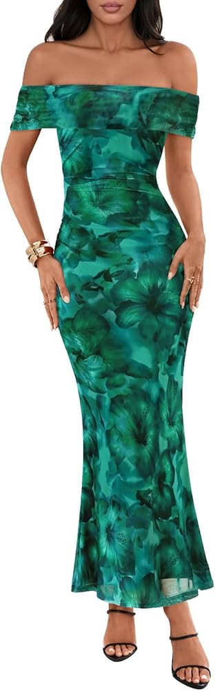 MEROKEETY Women's Summer Off Shoulder Floral Maxi Dress 2025 Formal Wedding Guest Cocktail Bodyco... | Amazon (US)