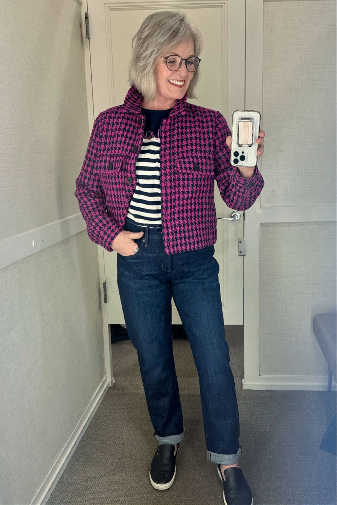 The color of this Loft houndstooth jacket is gorgeous. It's styled with a band at the bottom, much like a denim jacket and the classic houndstooth looks fresh and modern in this bright magenta color. It has an oversized fit with dropped shoulders. The striped tee is 100% cotton and has a boxy fit. I love the super dark wash of these jeans that have a hint of stretch. The jeans come in regular and petite sizes. 


#fashion #fashionover50 #fashionover60 #springfashion #loft #loftfashion #houndstooth #stripedtee #girlfriendjeans

#LTKstyletip #LTKfindsunder100 #LTKSpringSale