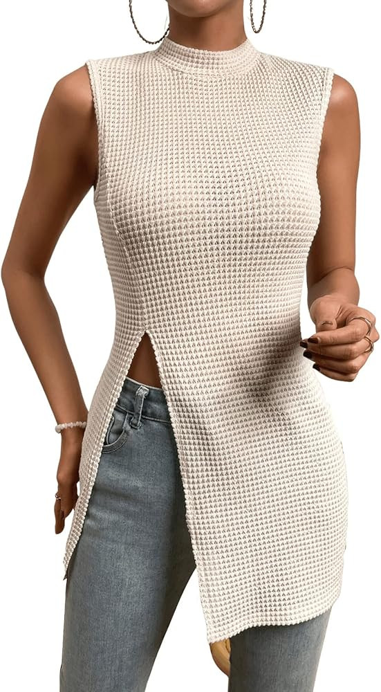 Floerns Women's Casual Sleeveless Mock Neck Split Hem Tank Top | Amazon (US)