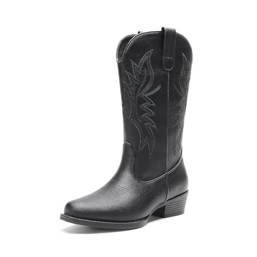 DREAM PAIRS Cowboy Boots for Women Cowgirl Western Mid Calf Boots Square Toe Embroidered Stitched Low Chunky Heel Pull On Fashion Boots DWUMMB2507 All Black Size 6.5 UK/8.5 US | Amazon (UK)