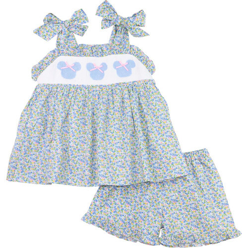 Blue Floral Smocked Mouse Ears Short Set | Cecil and Lou