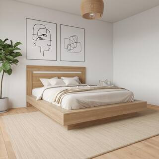 Byron Brown Oak Frame Queen Size Platform Bed with Headboard | The Home Depot