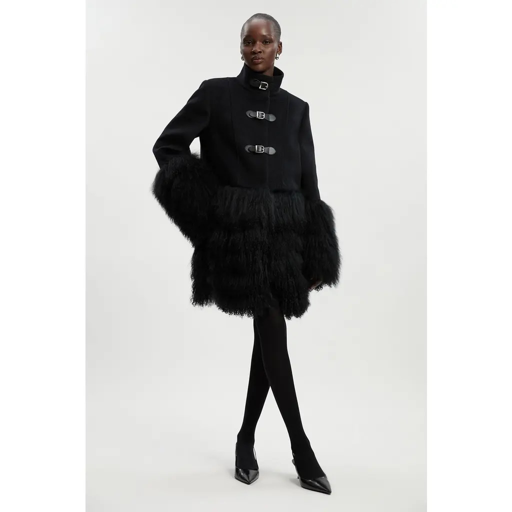 Karen Millen Brushed Wool Buckle Detail Short Coat in Black at Nordstrom, Size 12 | Nordstrom