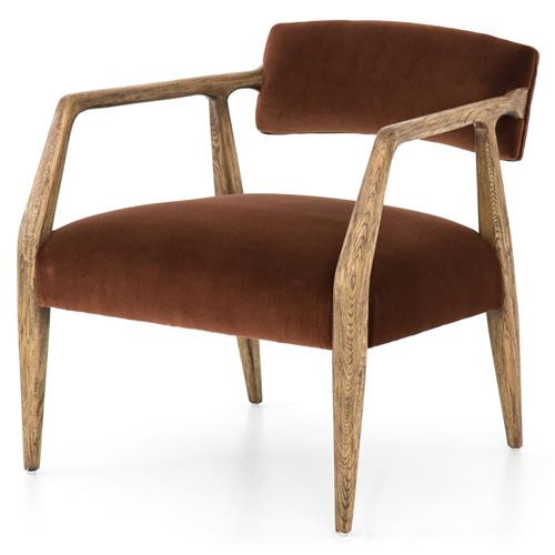 Pia Mid Century Modern Brown Upholstered Velvet Natural Wood Frame Arm Chair | Kathy Kuo Home