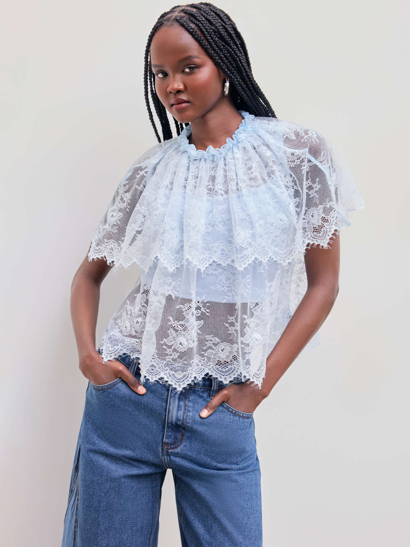 Lace Lace Round Neckline Lettuce Trim See-through Blouse With Solid Crop Cami Top For Date | Cider
