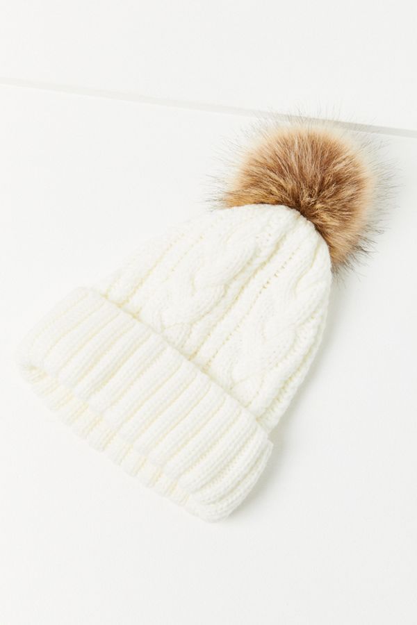 Cable Knit Fur Pompom Beanie | Urban Outfitters (US and RoW)