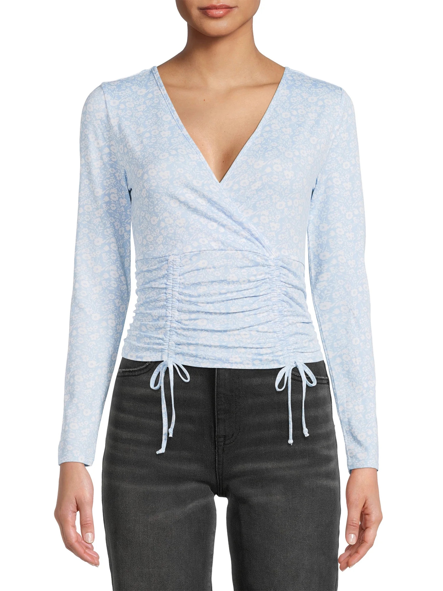 No Boundaries Juniors’ Surplice Ruched Tie Front Top - Walmart.com | Walmart (US)