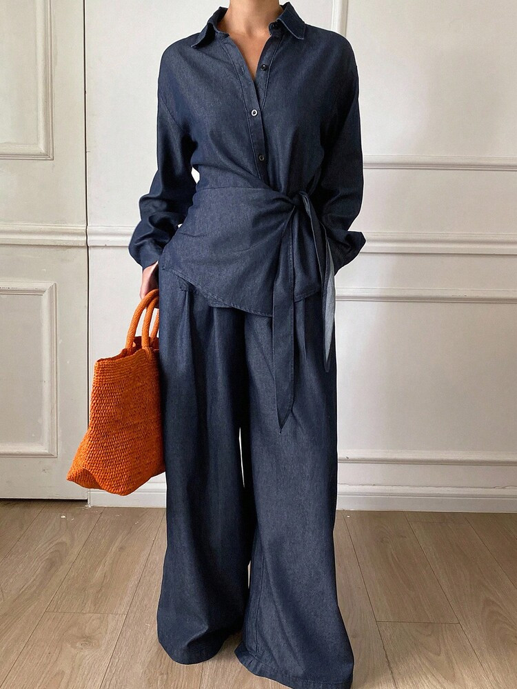 DAZY Women's Vintage Washed Korean Style Denim Shirt & Casual Loose Fit Pants 2 Pieces Set | SHEIN