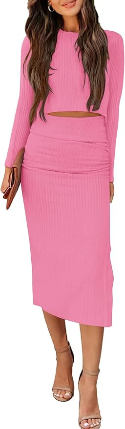 PRETTYGARDEN Womens Fall 2 Piece Outfits Track Suits Long Sleeve Crop Tops Bodycon Midi Skirt Sli... | Amazon (US)