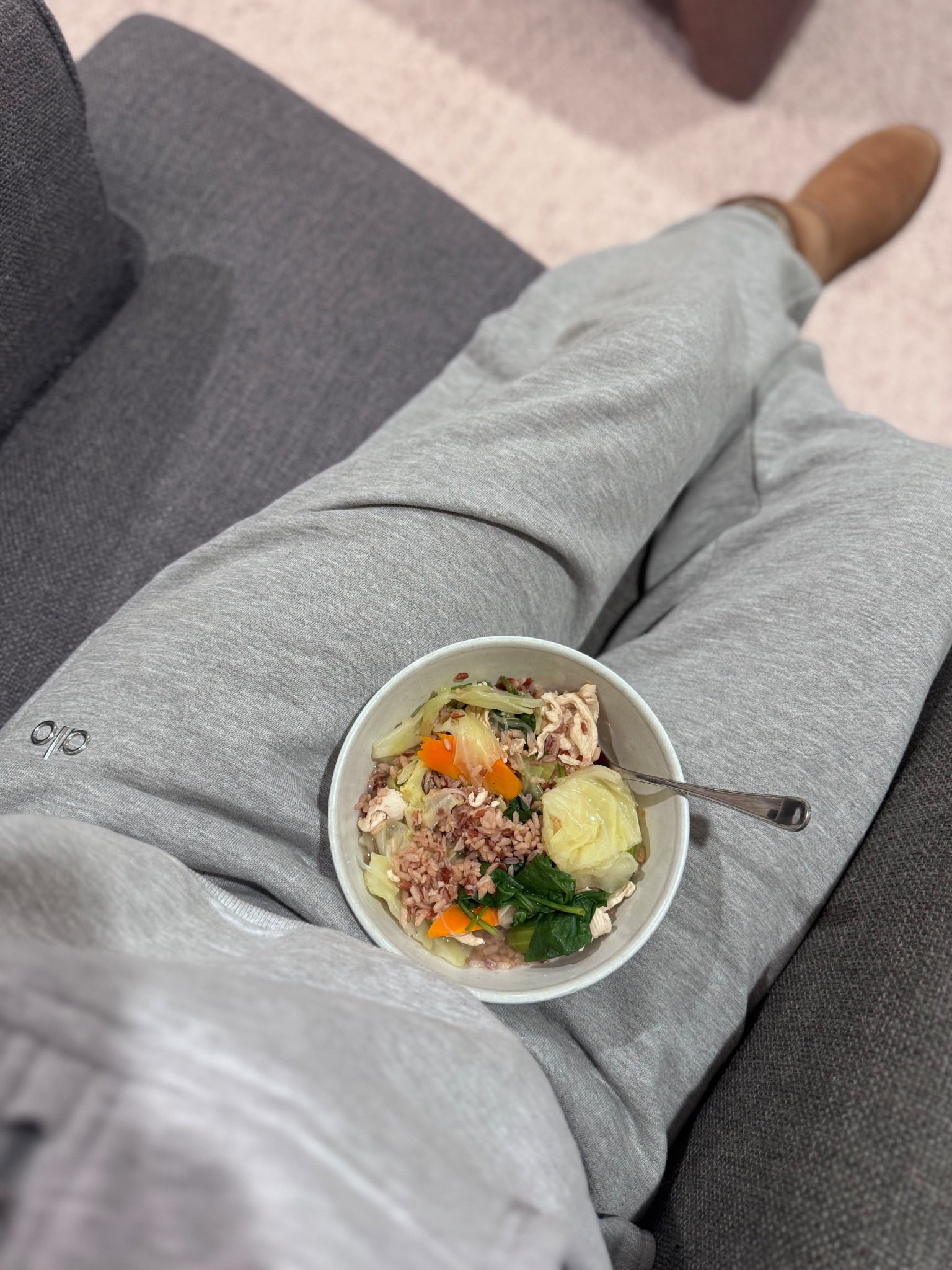 Cozy night in: sweats, Ugg boots and my favorite Thai mild soup with veggies 🫠🫠 

#LTKootd #LTKselfcare