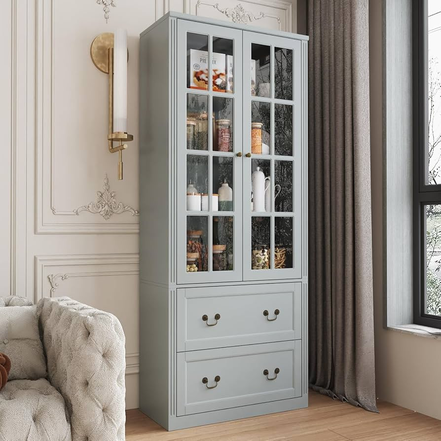 Homsee 78.7" H Bookcase Bookshelf with 4-Tier Shelves, 2 Drawers & 2 Glass Doors, Wooden Display ... | Amazon (US)