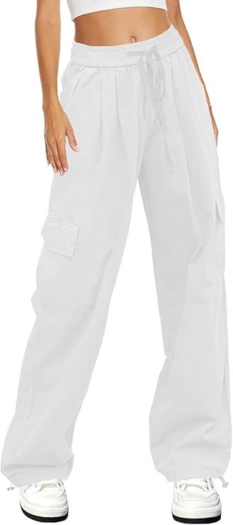 HVEPUO Womens Casual Elastic Waist Drawstring Pants Straight Cotton Trousers with Pockets | Amazon (US)