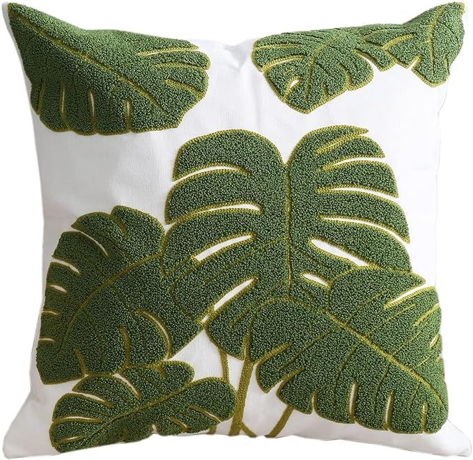 Hodeco Embroidery Throw Pillow Covers 18x18 Green Tropical Monstera Leaves Loop Plant Floor Pillo... | Amazon (US)