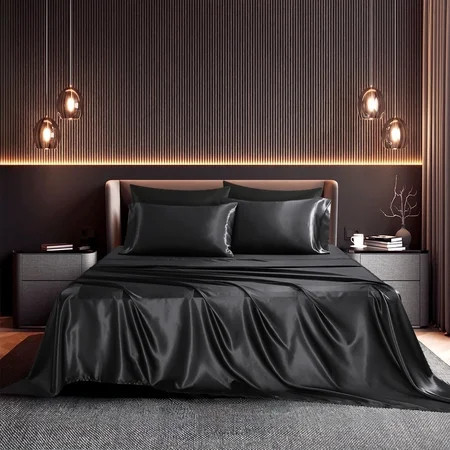 Seasonwood Satin Sheet Set, Queen, Silky Bed Sheets, 4 Pieces,Black | Walmart (US)