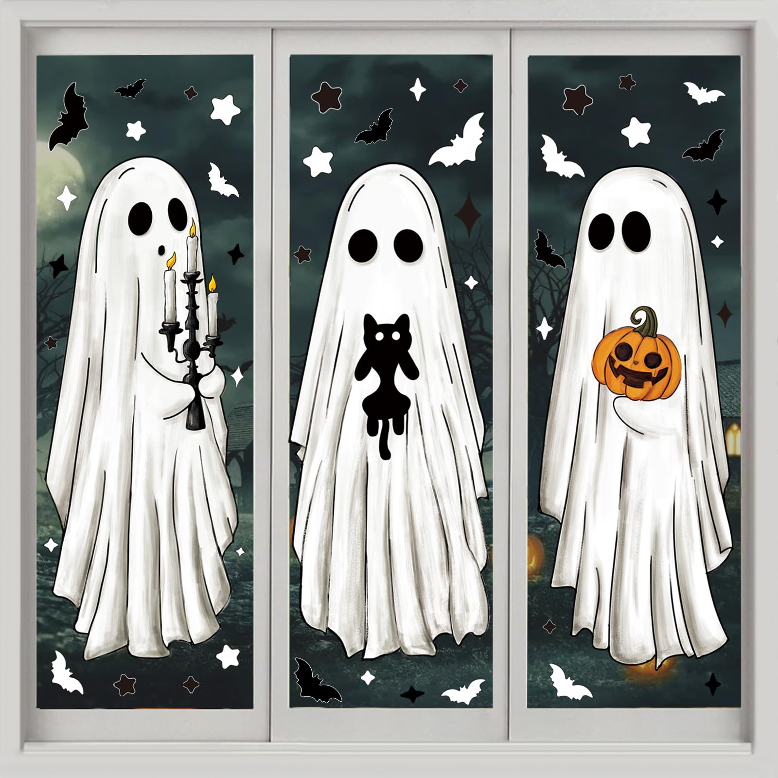 3 Sheets Halloween Large Ghosts Window Clings,Bats Black Cat Spooky Pumpkin Window Stickers for H... | Amazon (US)