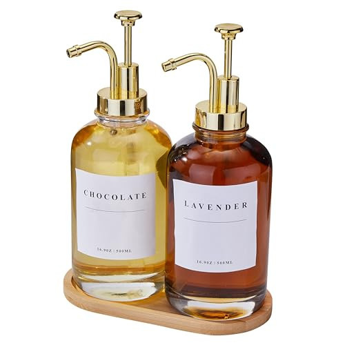 HSIOHE Coffee Syrup Dispenser for Coffee Bar, Coffee Syrup Pump Dispenser, Glass Syrup Bottle with Gold Upgraded Pump, 2 Pack 16.9 oz 500 ml Syrup Dispensers, 28 Labels and Bamboo Tray, TJP02-117 | Amazon (US)