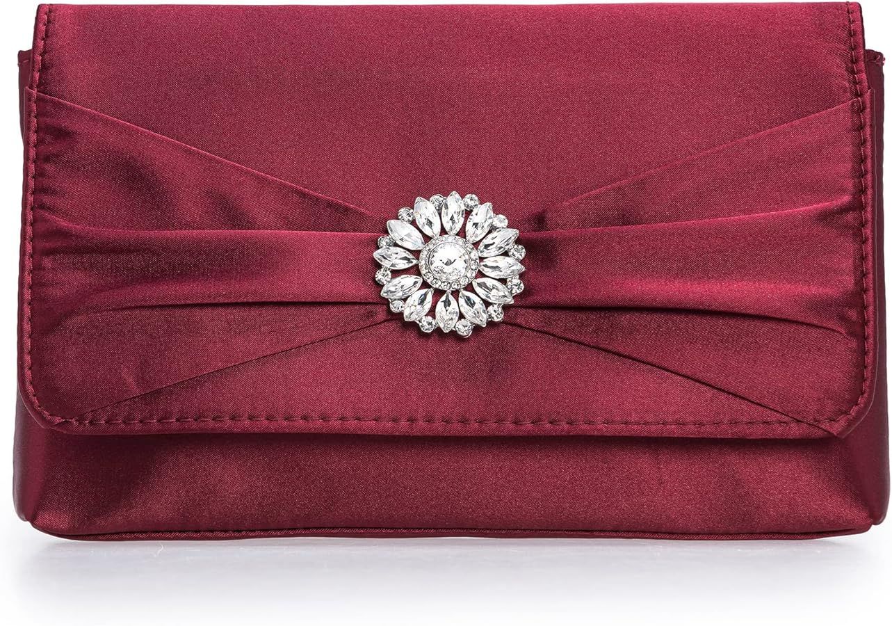 CHARMING TAILOR Evening Bag for Women Pleated Flap Satin Formal Purse Diamantes Brooch Embellishe... | Amazon (US)