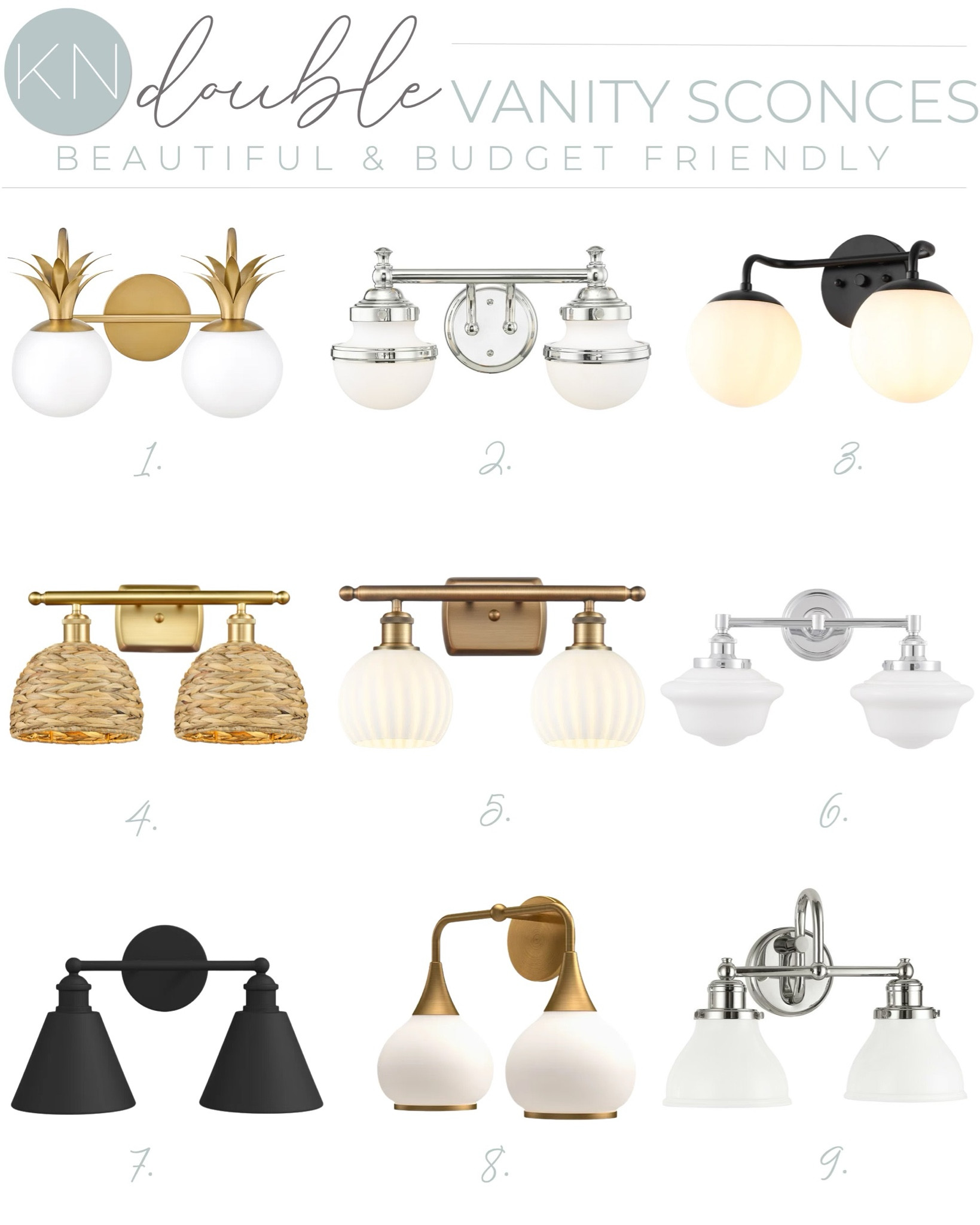 If you’re looking to make a small change with a major impact to your bathroom space, a switch out or addition of new sconce lighting is a great and easy to do solution. These are some of my favorite double sconces that are beautiful and budget-friendly. home decor bathroom decor powder room decor bathroom lighting black sconce nickel sconce chrome sconce rattan sconce gold sconce Wayfair find
