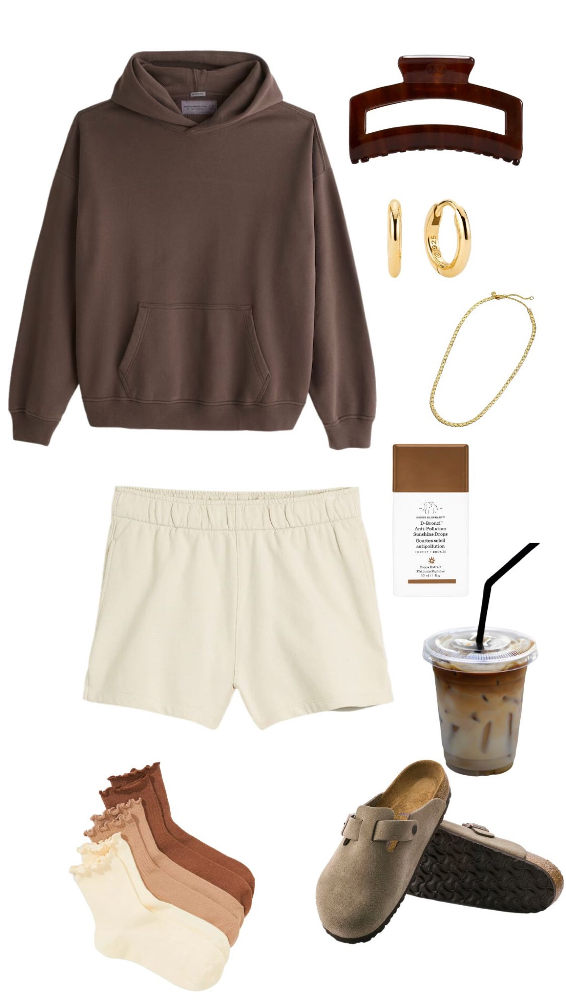Back to school outfit, lazy day outfit inspo, sweat set, sweatshirt, sweat shorts, minimal outfit, neutral outfit inspo, rainy day outfit, gold jewelry outfit, Boston Birkenstock clogs, college campus outfit, college class outfit, vanilla girl aesthetic, brown hoodie, affordable fashion, fall transitional outfit

#LTKunder100 #LTKunder50 #LTKBacktoSchool