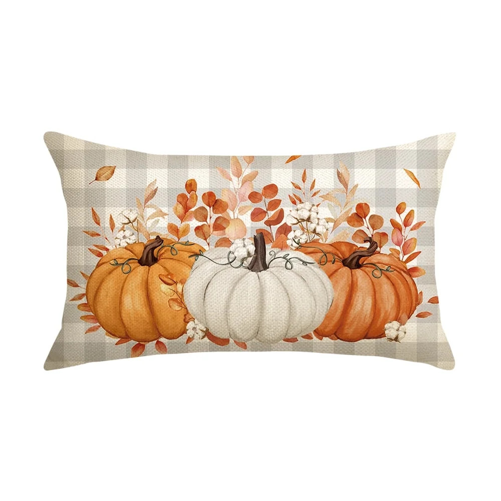 Smile Pumpkin Buffalo Plaid Orange Fall Throw Pillow Cover, 12x20 Inch Seasonal Autumn Thanksgivi... | Walmart (US)