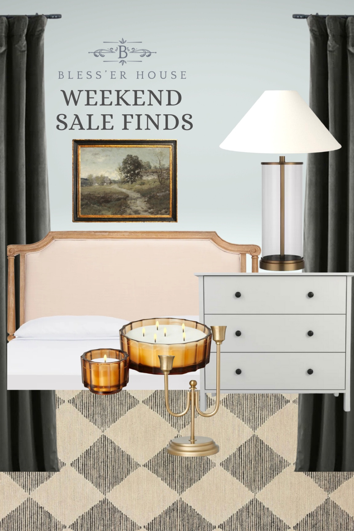 Country Landscape, Landscape Painting, Vintage Landscape, Home Decor, Antique Oil Painting, Vintage Print, colonial room, bed frame, vintage bedframe, white nightstand, white side table, candle, lamp, velvet curtains, blackout curtains, diamond rug, Chris loves Julia rug, Loloi rug 

#LTKSeasonal #LTKsalealert #LTKhome