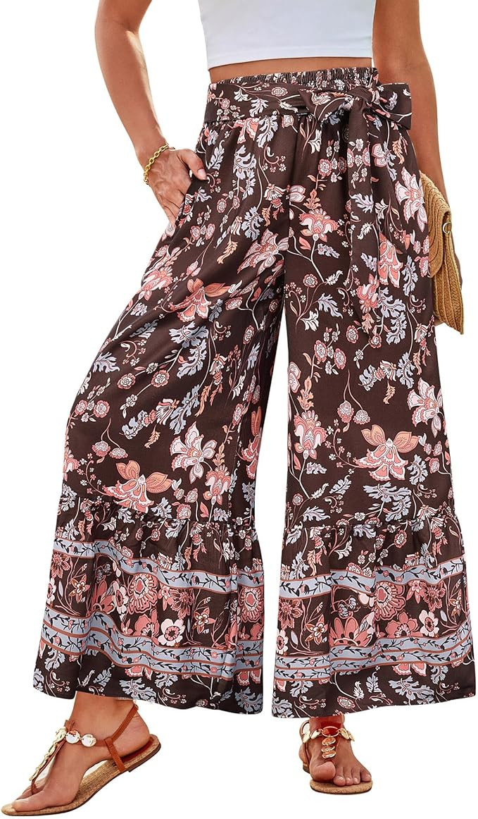 GRACE KARIN Wome Palazzo Wide Leg Pants Summer Boho Flowy Beach Trousers | Belted,Pockest,Elastic... | Amazon (US)