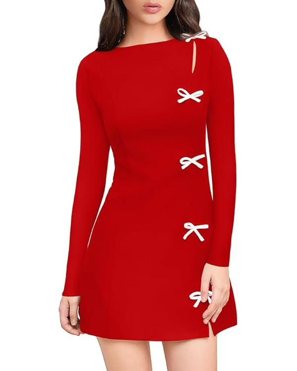 XXTAXN Women's Fall Long Sleeves Boat Neck Elegant Bow Y2k A Line Mini Dress | Amazon (US)