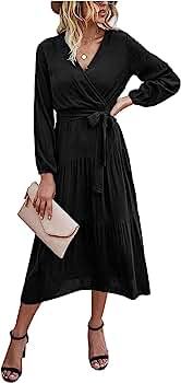 PRETTYGARDEN Women's Long Sleeve Midi Long Dress Wrap V Neck Tiered Fall Vintage Maxi Dresses | Amazon (US)