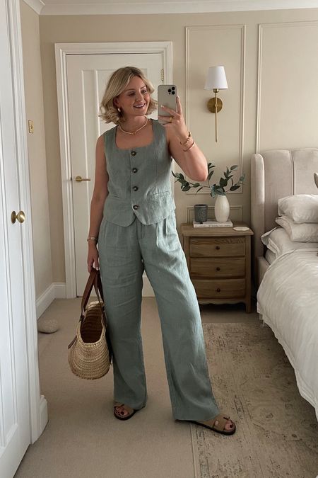 Sage green linen waistcoat and linen trousers! From Abercrombie, I wear size S in waistcoat and w28 in trousers. Styled with beige sandals and basket bag  