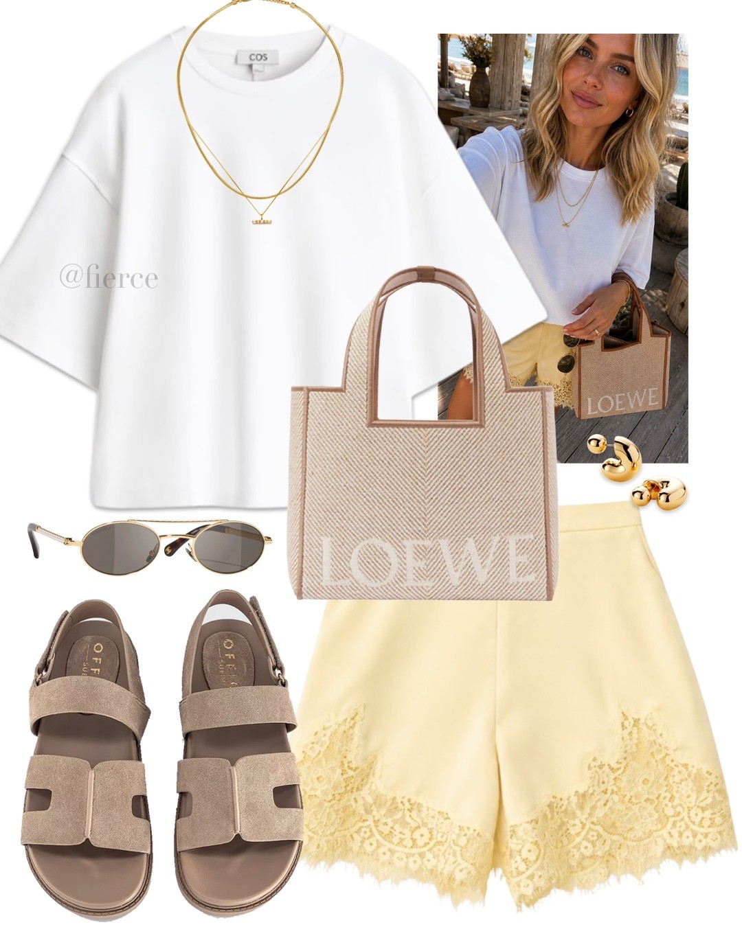 Yellow satin lace shorts white Tshirt taupe beige flat sandals Loewe canvas printed summer tote 

#LTKsummer #LTKeurope #LTKuk