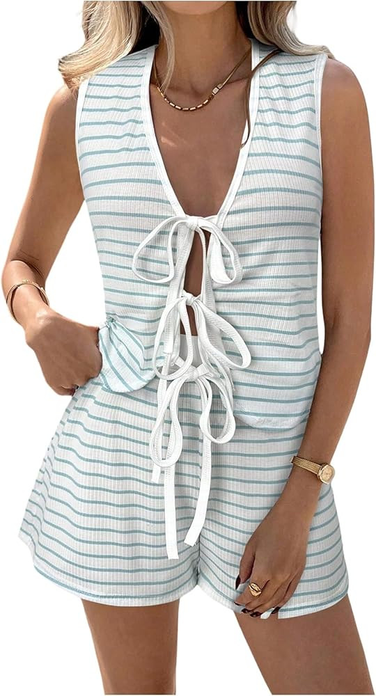 OYOANGLE Women's 2 Piece Outfits Striped Bow Tie Front Tank Top and Shorts Summer Lounge Set | Amazon (US)