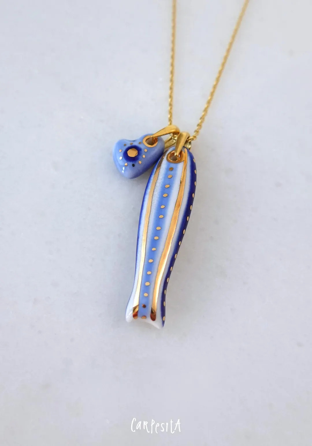 Porcelain Sardine Fish Necklace With Evileye Heart Pendant, Handmade Jewelry, Good Luck Charm - E... | Etsy (Global)